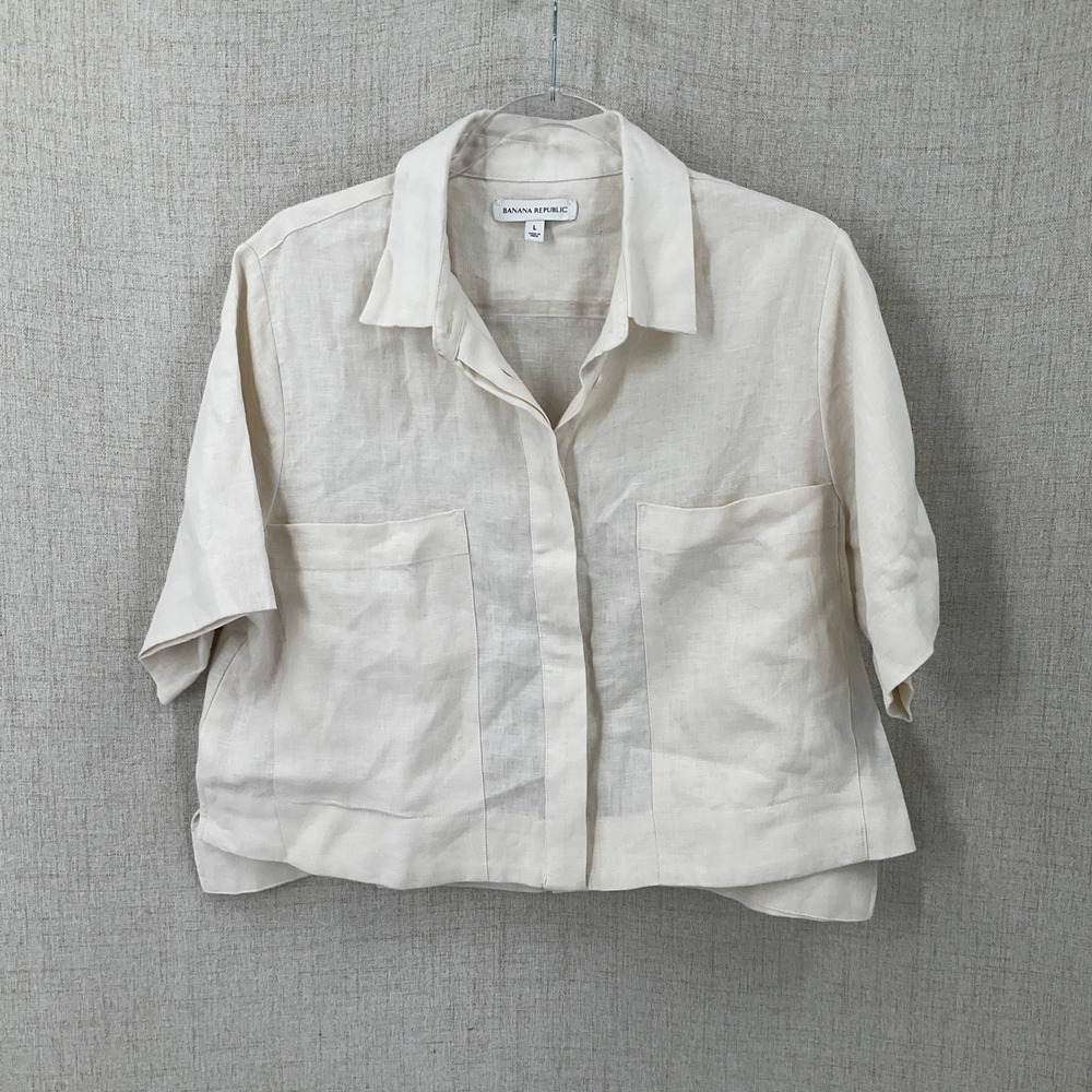 Banana Republic Button Up Shirt L Ivory Linen Cropped Relaxed Coastal Safari